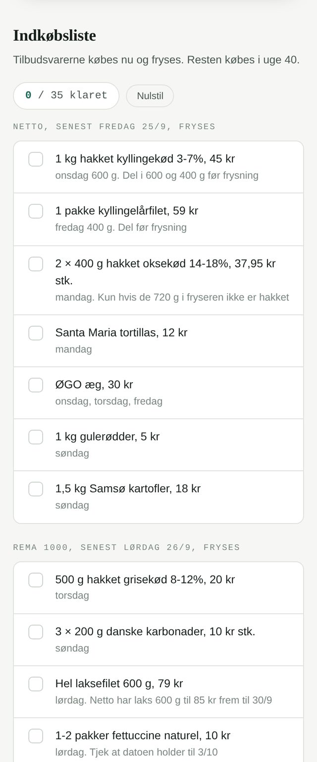 Skærmbillede: Indkøbslisten