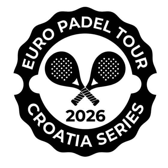 Sort og hvidt rundt logo med teksten Euro Padel Tour, Croatia Series, 2026 og to krydsede padelketsjere